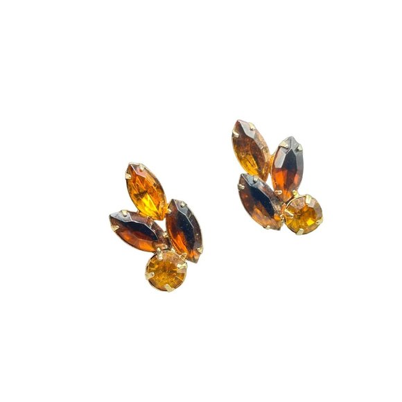 Vintage Rhinestone Earrings Clip On Topaz Glass Navette Marquise Shape Prong Set - Picture 1 of 8